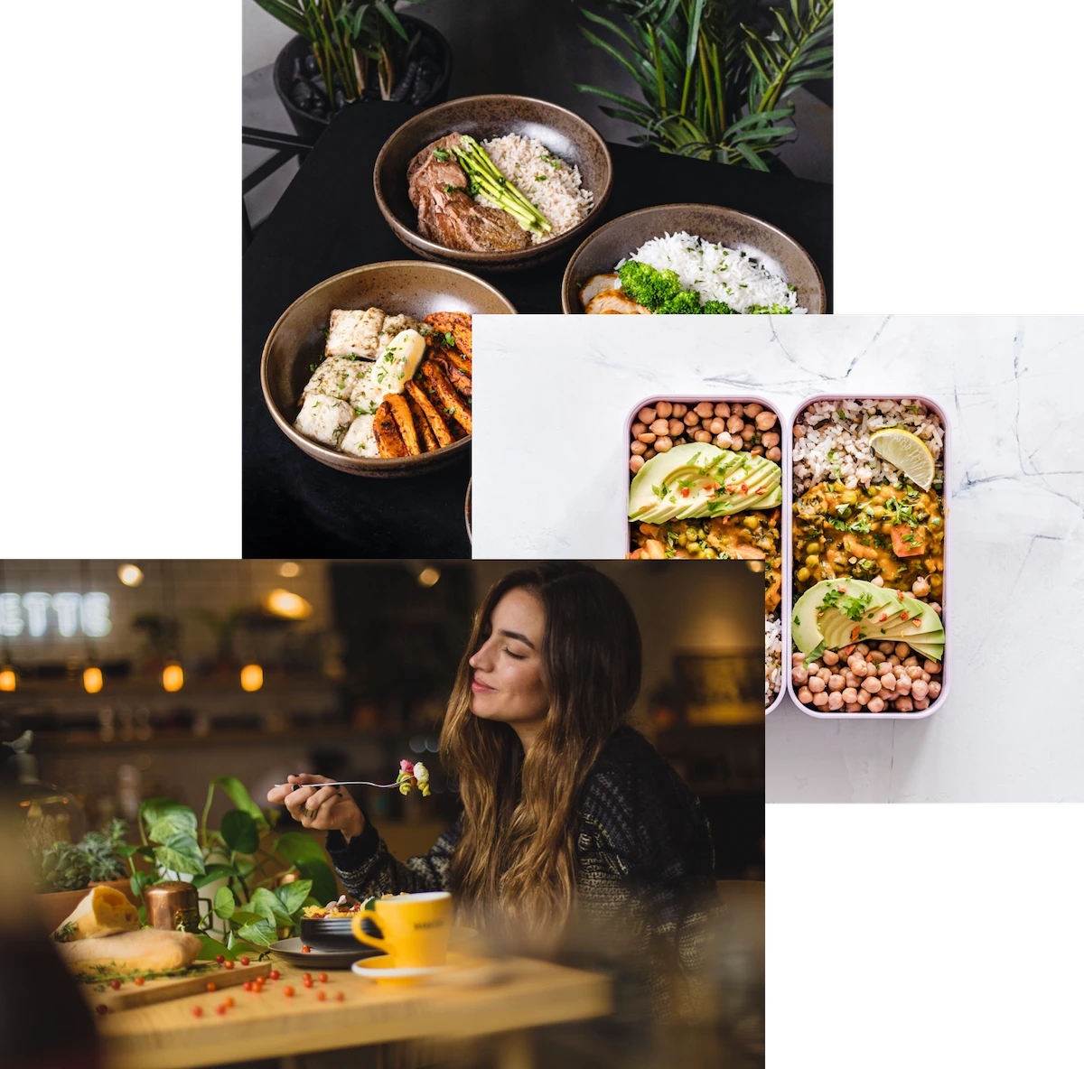 Woman enjoying food, meals in storage container, and food bolws on a table